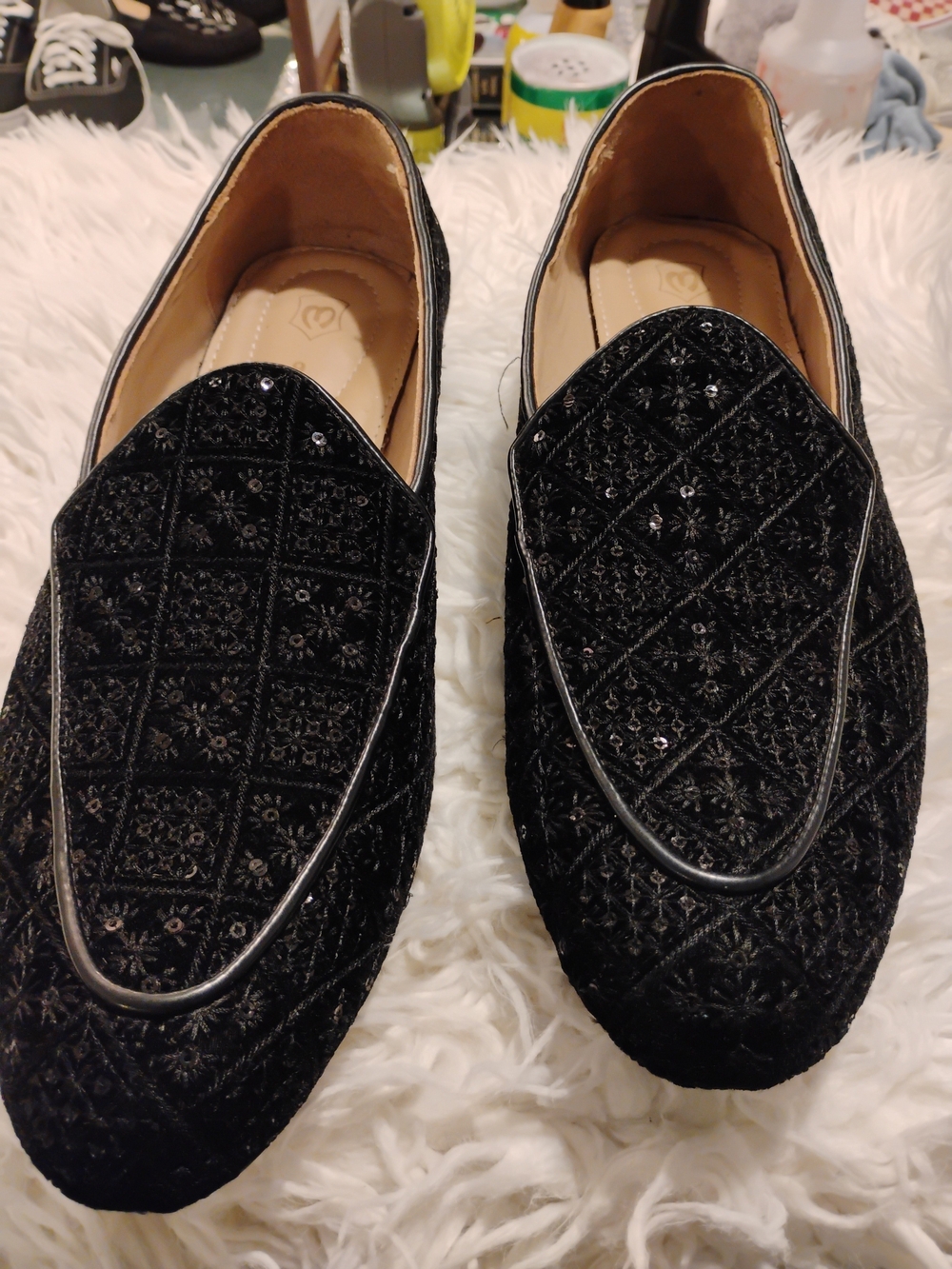 Embellished Black Velvet Slip-On Loafers